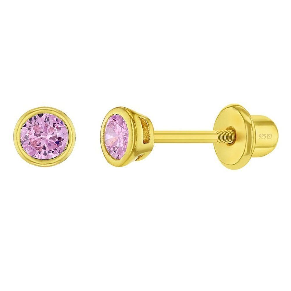 925 Sterling Silver Gold Plated Pink CZ Screw Back Tiny Round Baby Girl Earrings